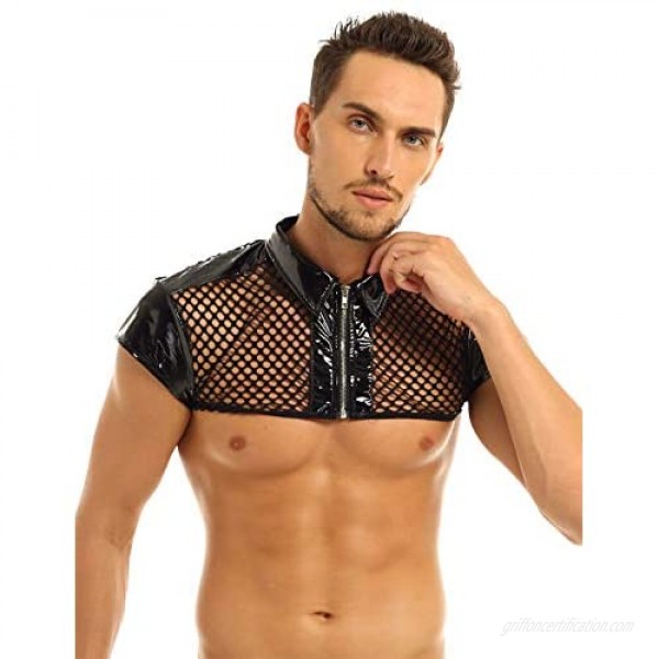 MSemis Men's Fishnet See-Through Muscle Crop Top Tank Vest Shiny Wet Look Nightclub Turn Down Collar Shirt