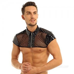 MSemis Men's Fishnet See-Through Muscle Crop Top Tank Vest Shiny Wet Look Nightclub Turn Down Collar Shirt