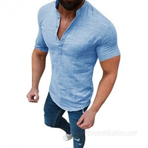 Burband Men's Short Sleeve Cotton Linen Shirts Casual Slim Fit Henley V-Neck Hippie Summer Beach Muscle Yoga Tops