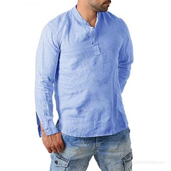Karlywindow Mens Cotton Solid Long Sleeve Henley Shirts Crew Neck Buttons Up Fashion T Shirt