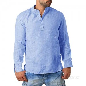 Karlywindow Mens Cotton Solid Long Sleeve Henley Shirts Crew Neck Buttons Up Fashion T Shirt