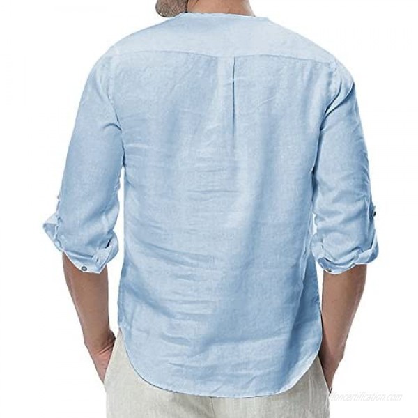 Karlywindow Mens Henley Shirt 3/4 Sleeve Cotton Linen Beach Yoga Loose Fit Henleys Tops