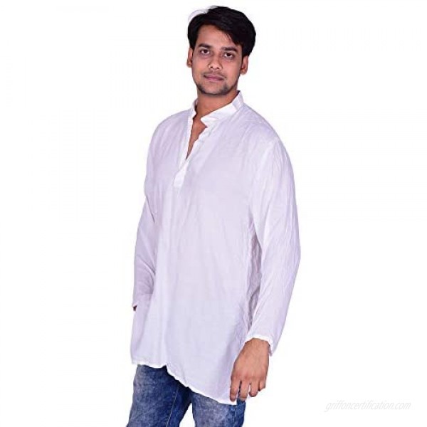 Lakkar Haveli Men's Indian Tunic Henley Shirt Kurta Solid White Color 100% Cotton Plus Size
