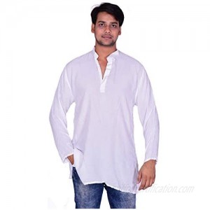 Lakkar Haveli Men's Indian Tunic Henley Shirt Kurta Solid White Color 100% Cotton Plus Size