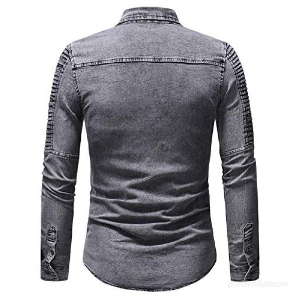 Luandge Men's Personality Stitching Denim Shirt Fashion Folds Trend Washing Streetwear