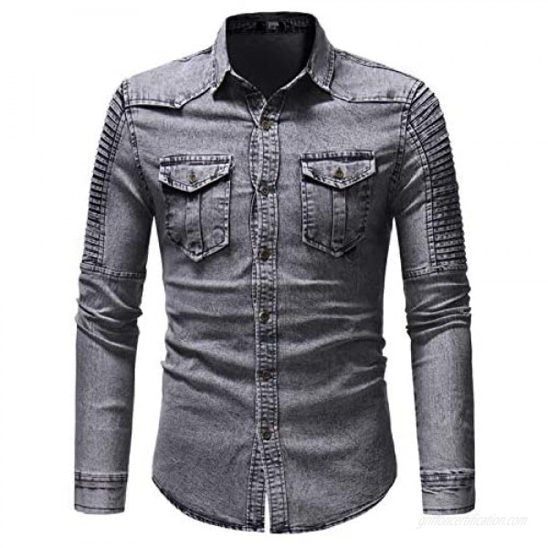 Luandge Men's Personality Stitching Denim Shirt Fashion Folds Trend Washing Streetwear