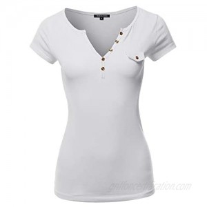 Made by Emma Women's Fitted Henley Shirt with Faux Pocket Flap and Gold Buttons