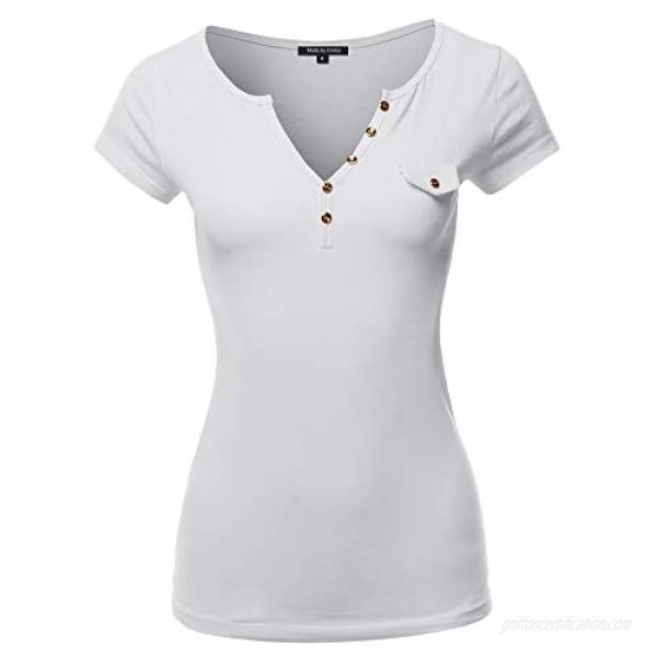 Made by Emma Women's Fitted Henley Shirt with Faux Pocket Flap and Gold Buttons