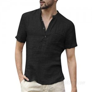 Men's Casual Short Sleeve Linen Banded Collar Slim fit Henley Shirts Beach Yoga Loose Fit Henley Tops