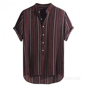 Mens Casual Slim fit Short Sleeve T-Shirt Button Placket Striped Henley Band Collar Shirt Comfortable and Breathable