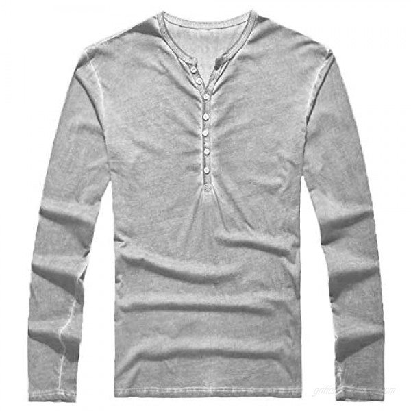 Men's Casual V-Neck Button Long Sleeve Henley T Shirts Lightweight Tops Light Grey M