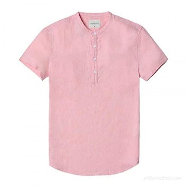 Mens Cotton Linen Henley Shirts Casual Short Sleeve T Shirts Beach Short Tee Tops