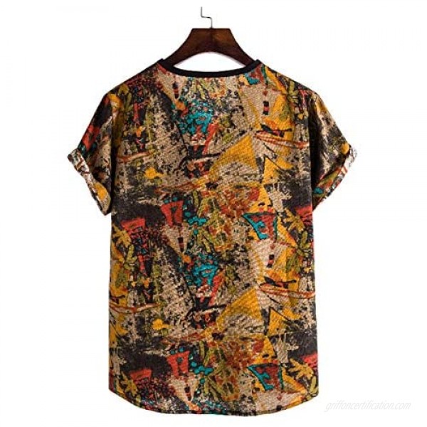 Men's Ethnic Linen Printed Casual Henley T-Shirts Baggy Summer Beach Shirts Tops