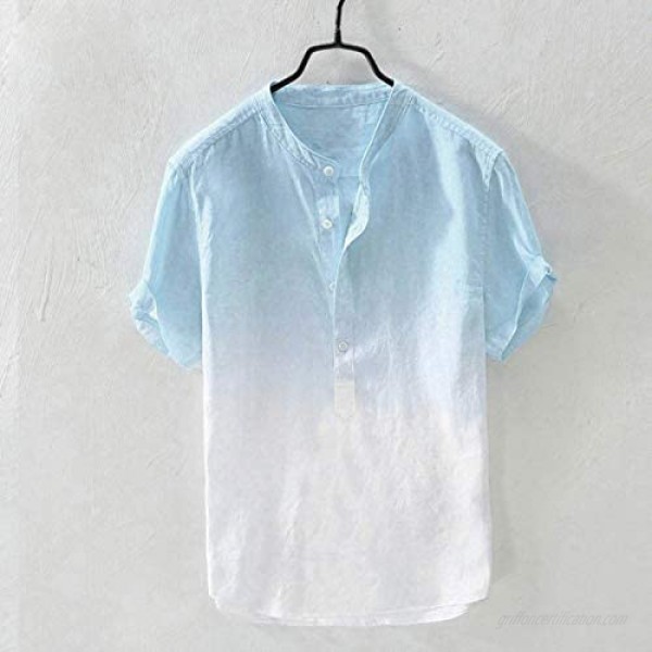Men's Linen Shirts Short Sleeve Tie Dye Henley Shirts Summer Casual Beach Regular Fit Lightweight Tops Tee(A)