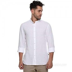 Men's Premium Cotton Linen Slim-fit Full Sleeve White Shirt  Henley Neck  Sleeves with Adjustable Tabs