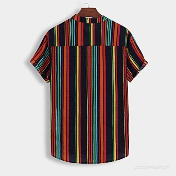Mens Shirt Short Sleeve Striped Henleys Neck Button Colorful Ethnic Style Shirts for Beach Party Holiday