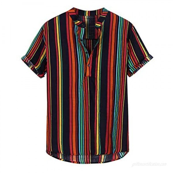 Mens Shirt Short Sleeve Striped Henleys Neck Button Colorful Ethnic Style Shirts for Beach Party Holiday
