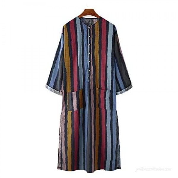 Sucastle Men's Muslim Dress Round Neck Long Sleeve Striped Muslim Robe Kaftan Thobe Long Gown Cotton Casual Shirt