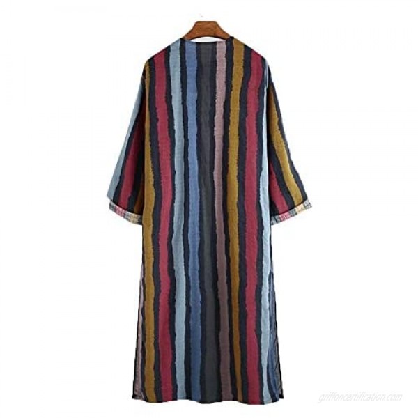 Sucastle Men's Muslim Dress Round Neck Long Sleeve Striped Muslim Robe Kaftan Thobe Long Gown Cotton Casual Shirt