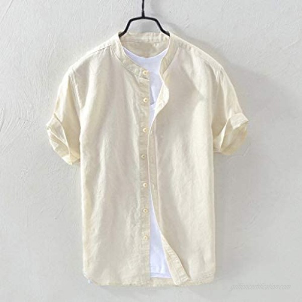 Swyss Mens Linen Shirts Short Sleeve Beach Henley Shirt Button Up Cotton Lightweight Tees Plain Mandarin Collar Tops