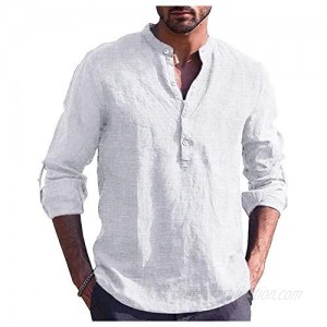 Tinkwell Mens White Long Sleeve Shirt Casual Henley Shirts Linen Shirt Summer T Shirts XL