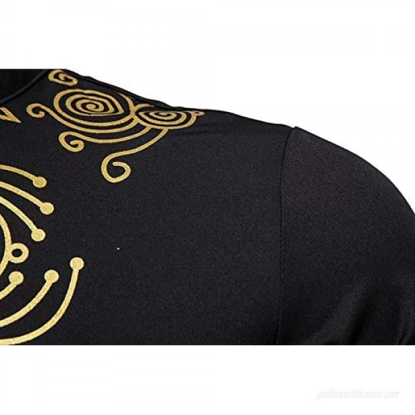WHATLEES Men's Long Sleeve Luxury Gold Floral Print Henley Shirt African Dashiki Shirt