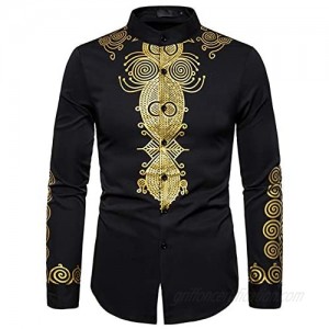 WHATLEES Men's Long Sleeve Luxury Gold Floral Print Henley Shirt African Dashiki Shirt