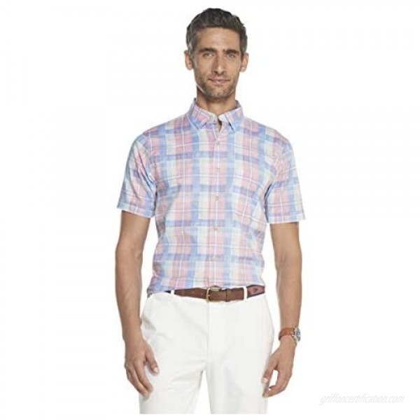 IZOD Men's Slim Fit Saltwater Dockside Chambray Short Sleeve Button Down Plaid Shirt