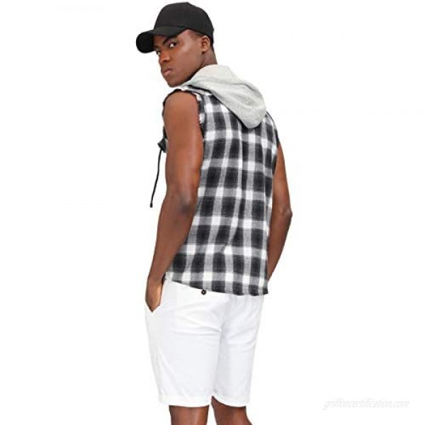 PJ PAUL JONES Mens Casual Sleeveless Button Down Plaid Hoodie Shirts Vest Shirt
