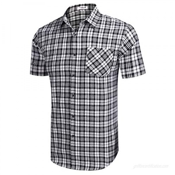 Tinkwell Mens Short Sleeve Slim Fit Pocket Causal Summer Linen Cotton Plaid Shirt