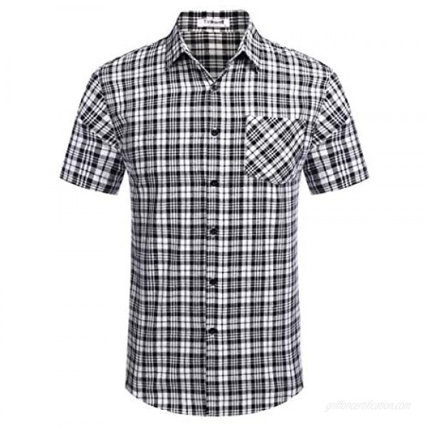 Tinkwell Mens Short Sleeve Slim Fit Pocket Causal Summer Linen Cotton Plaid Shirt