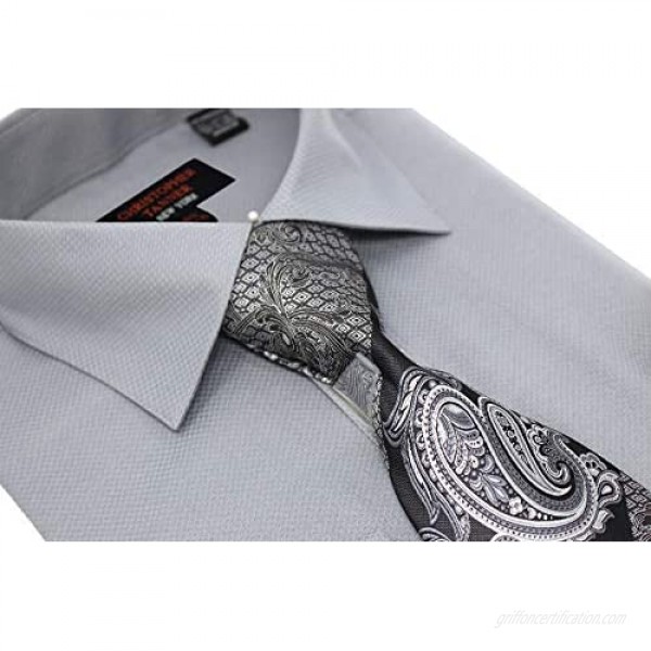Christopher Tanner Men's Solid Square Pattern Regular Fit French Cuffs Dress Shirts with Tie Hanky Cufflinks Combo