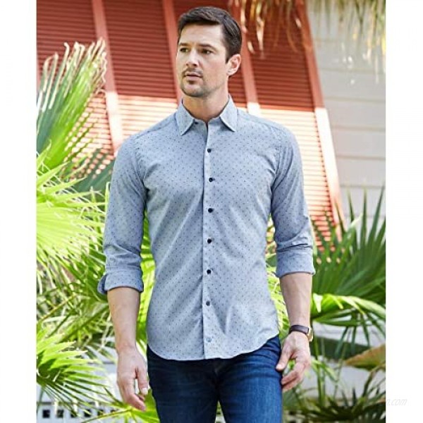 David Donahue Mens Trim Fit Long Sleeve Fusion Dot Dress Shirt Denim Blue