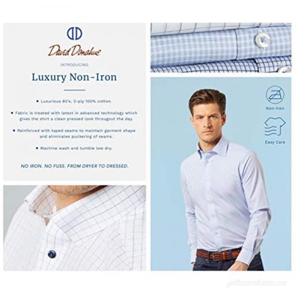 David Donahue Mens Trim Fit Long Sleeve Luxury Non Iron Dress Shirt Blue Button