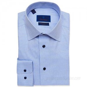 David Donahue Mens Trim Fit Long Sleeve Luxury Non Iron Dress Shirt  Blue Button