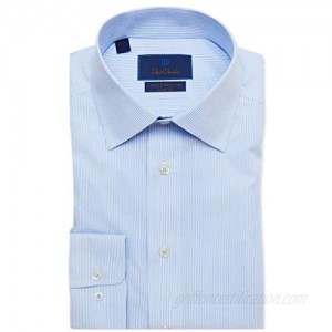 David Donahue Mens Trim Fit Long Sleeve Luxury Non Iron Dress Shirt  White/Blue Fine Line Stripe