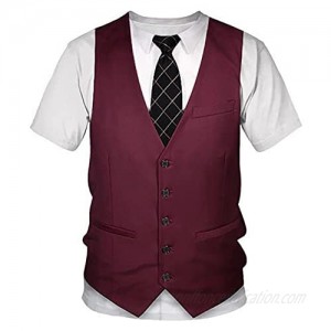 Choomomo Casual Short Sleeve Fake Suit T-Shirt Vest & Tie Printed Tuxedo Shirt for Men