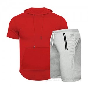 FUNEY Men's Workout Hooded T-Shirts Gym Muscle Cut Off Short Sleeves Tops and Shorts with Zipper Pockets 2 Piece Outfits