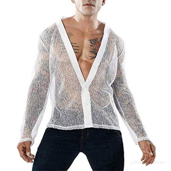 FUNEY Sissy Men's See Through Flower Full Lace Sheer Blouse Long Sleeve Button Down Shirts Mesh Muscle Fitted T-Shirt Tops