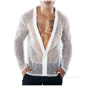 FUNEY Sissy Men's See Through Flower Full Lace Sheer Blouse Long Sleeve Button Down Shirts Mesh Muscle Fitted T-Shirt Tops