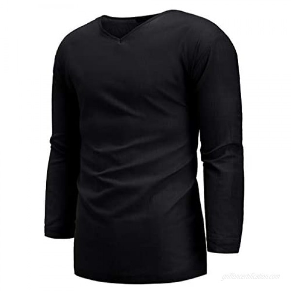 Gergeos Men's Linen Cotton Shirt Loose Plus Size Casual Shirts Long Sleeve Hemp T-Shirt for Men