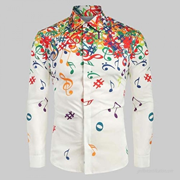 Mens Button Down Shirt Long Sleeves 2019 New Musical Note Pattern Casual Slim Fit T-Shirt Tops