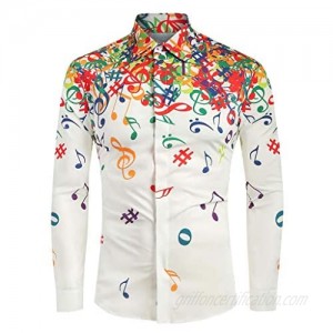 Mens Button Down Shirt Long Sleeves 2019 New Musical Note Pattern Casual Slim Fit T-Shirt Tops