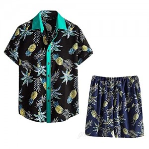 Men's Cotton Linen Shirts and Shorts Set Aloha Hawaiian Button Down Short Sleeve Shirt Suits