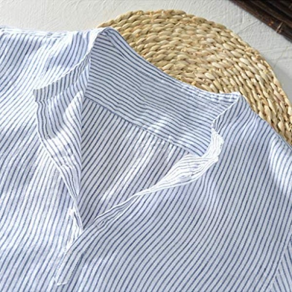 Men's Shirts Summer Short Sleeve Stripe Cotton Linen Breathable Button-Up T-Shirts Tops