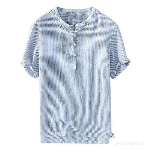 Men's Shirts Summer Short Sleeve Stripe Cotton Linen Breathable Button-Up T-Shirts Tops