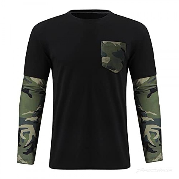 Men's Slim Camouflage Printed Patchwork T Shirt Casual Long Sleeve Athletic Gym Workout Tops Sport Fitness Tee Blouse