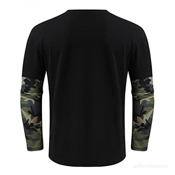 Men's Slim Camouflage Printed Patchwork T Shirt Casual Long Sleeve Athletic Gym Workout Tops Sport Fitness Tee Blouse