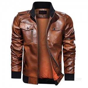 Men's Zipper Up Cargo Jacket Winter Pure Color Stand Collar Imitation Leather Coat Tops Multiple Pockets