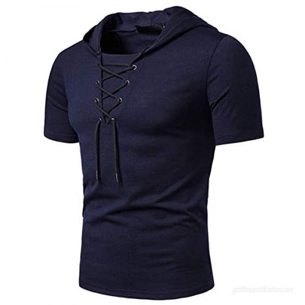 SSDXY Mens Short Sleeve Hoodies T-Shirt Drawstring Lace Up Cross Front Workout Athletic Muscle Tops with Hoods Plain